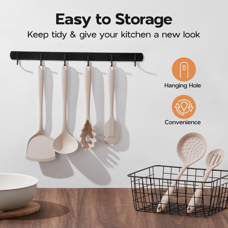 Onader Kitchen Utensils Set, Silicone Non Toxic Cooking Utensils, 6 Pcs Heat Resistant Kitchen Gadgets Set for Nonstick Cookware - Khaki - Image 5